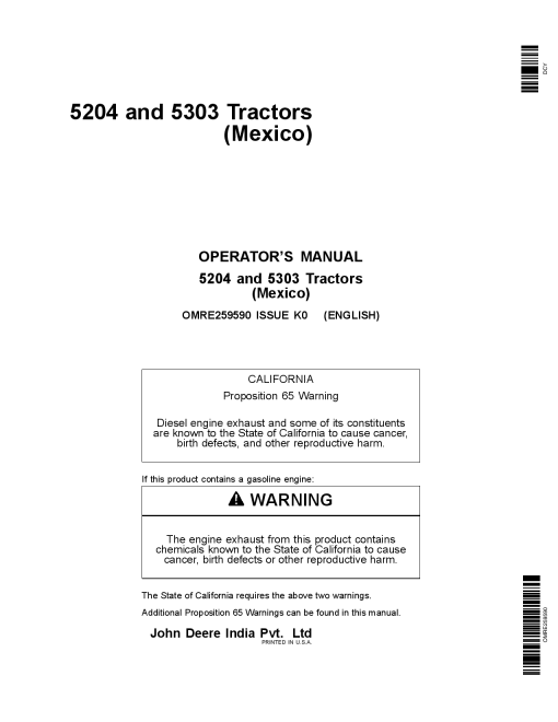 John Deere 5204 5303 Tractor OMRE259590 Operation and Maintenance manual PDF Download