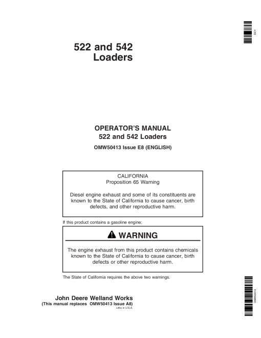 John Deere 522 542 Loaders OMW50413 Operation and Maintenance manual PDF Download