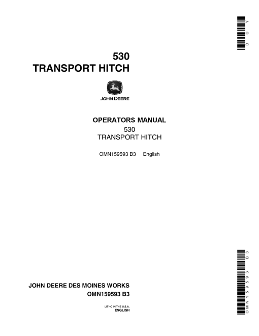 John Deere 530 Grain Drill Transport Hitch 000601 OMN159593 Operation and Maintenance manual PDF Download