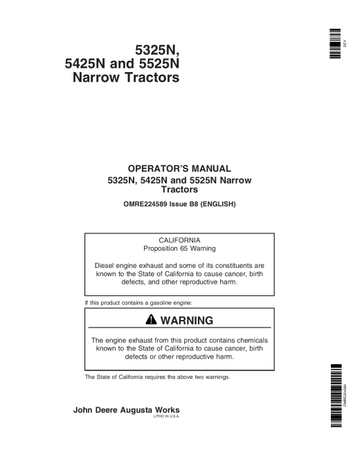 John Deere 5325N 5425N 5525N Narrow Tractors OMRE224589 Operation and Maintenance manual PDF Download