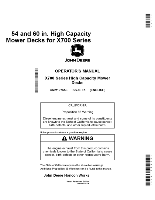 John Deere 54 60 In. High Capacity Mower Deckfor X700 Series Tracto rsNorth American Edition 040001 OMM175656 Operation and Maintenance manual PDF Download