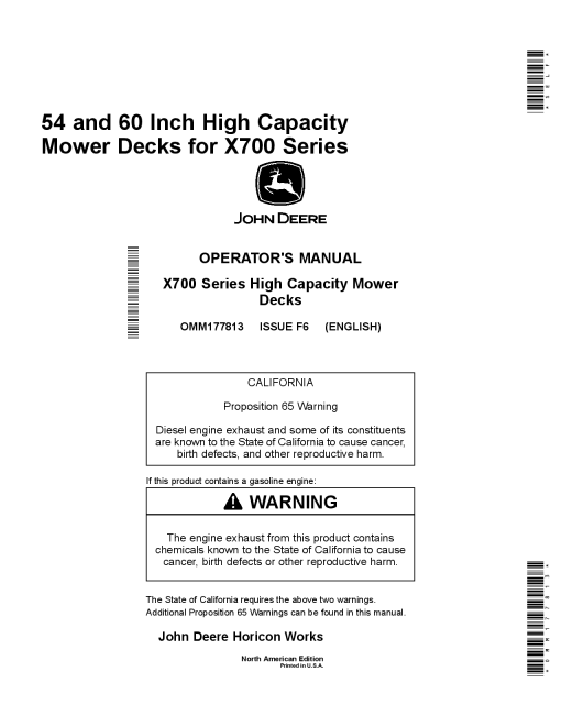 John Deere 54 60 Inch High Capacity Mower Decks for X700 Series North American Edition OMM177813 Operation and Maintenance manual PDF Download