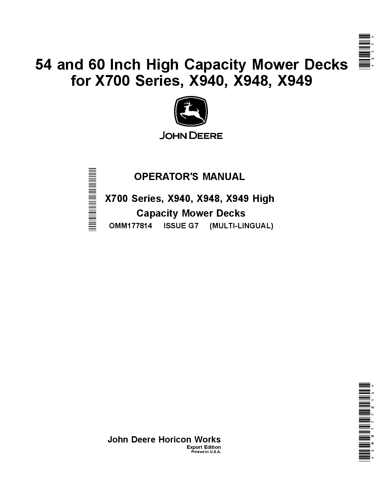 John Deere 54 60 Inch High Capacity Mower Decks for X700 Series and X940 X948 X949 OMM177814 Operation and Maintenance manual PDF Download