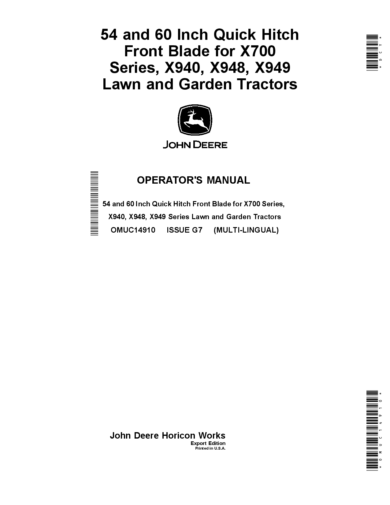 John Deere 54 60 Inch Quick Hitch Front Blade forX700 Series X940 X948 X949 Lawn Garden Tractors OMUC14910 Operation and Maintenance manual PDF Download