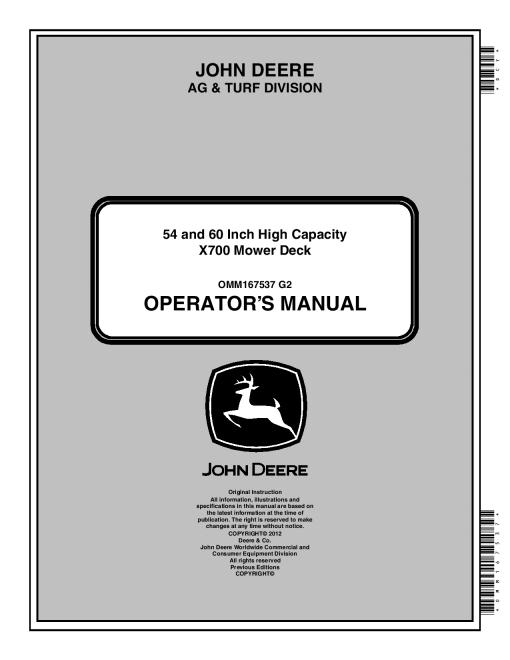 John Deere 54 AND 60 INCH HIGH CAPACITY X700 MOWER DECK OMM167537 Operation and Maintenance manual PDF Download