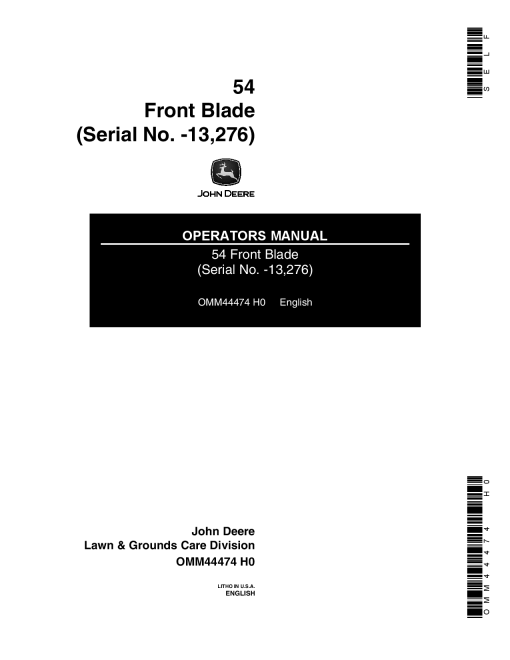 John Deere 54 Front Blade for 120 140 Lawn Garden Tractors 013276 OMM44474 Operation and Maintenance manual PDF Download