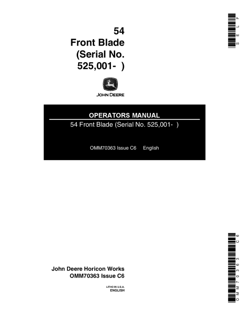 John Deere 54 Inch Front Blade 525001 OMM70363 Operation and Maintenance manual PDF Download
