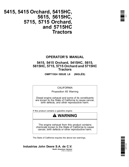 John Deere 5415 5415H 5414HC 5615 5615HC 5715 5715H 5715HC Tractors OMP71924 Operation and Maintenance manual PDF Download