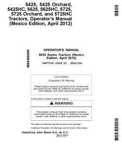 John Deere 5425 5425 Orchard 5425HC S625 5625HC 5725 5725 Orchard 5725HC Tractors With Text Safety Decals OMP72191 Operation and Maintenance manual PDF Download