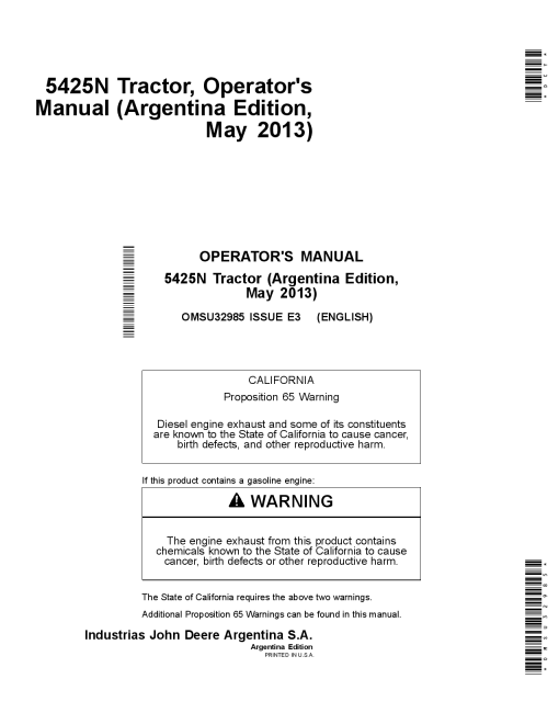 John Deere 5425N Tractor OMSU32985 Operation and Maintenance manual PDF Download
