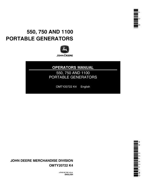 John Deere 550 750 1100 Portable Generators OMTY20722 Operation and Maintenance manual PDF Download
