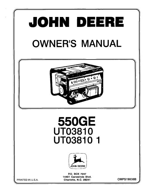 John Deere 550GE Generator UT03810 UT03810 1 OMPS19838B Operation and Maintenance manual PDF Download