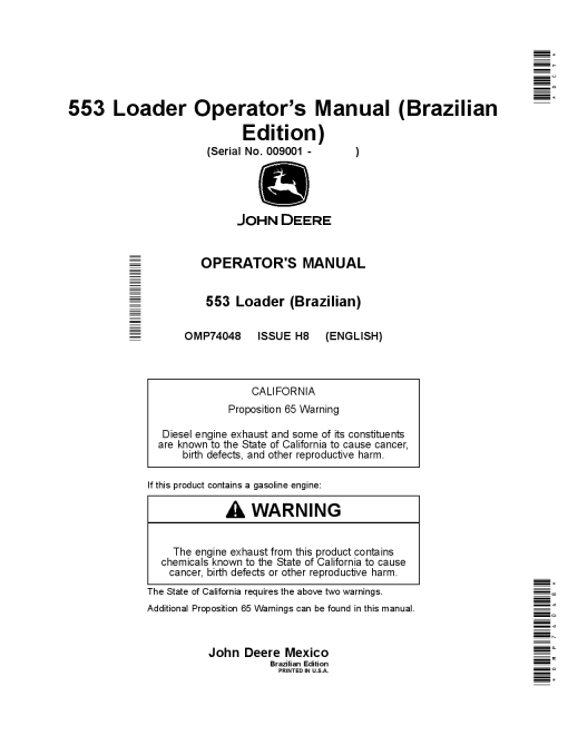 John Deere 553 Loader Brazilian Edition OMP74048 Operation and Maintenance manual PDF Download