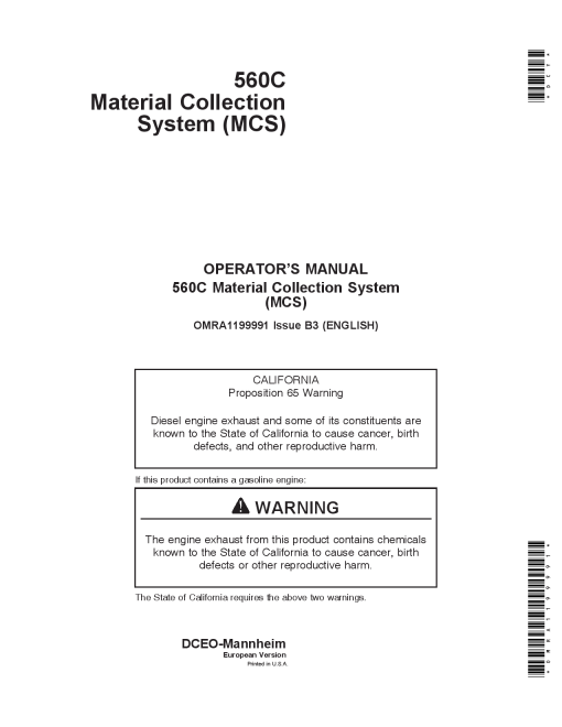 John Deere 560C Material Collection System OMRA1199991 Operation and Maintenance manual PDF Download