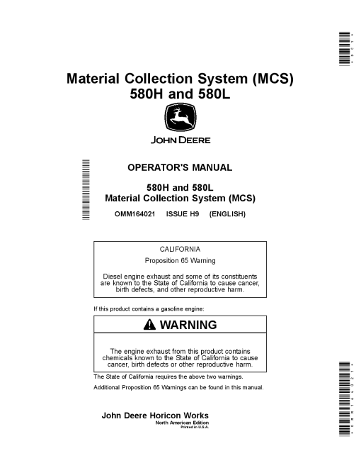 John Deere 580H and 580L Material Collection System MCS OMM164021 Operation and Maintenance manual PDF Download