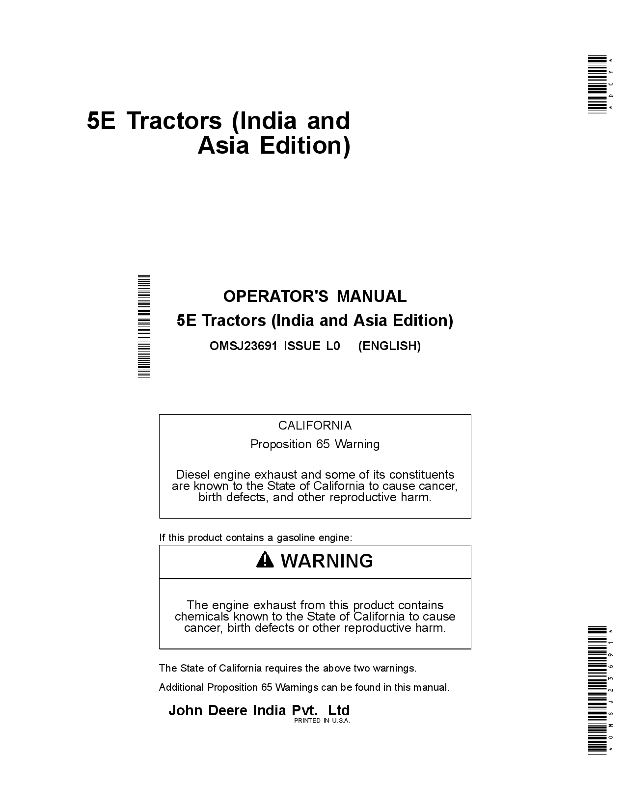 John Deere 5E Tractors India and Asia Edition OMSJ23691 Operation and Maintenance manual PDF Download