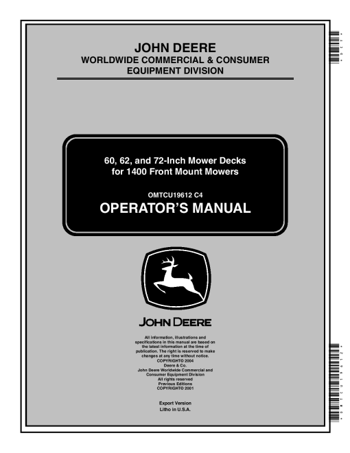 John Deere 60 62 72 In. Mower Decks for 1400 1500 Series Front Mowers OMTCU19612 Operation and Maintenance manual PDF Download