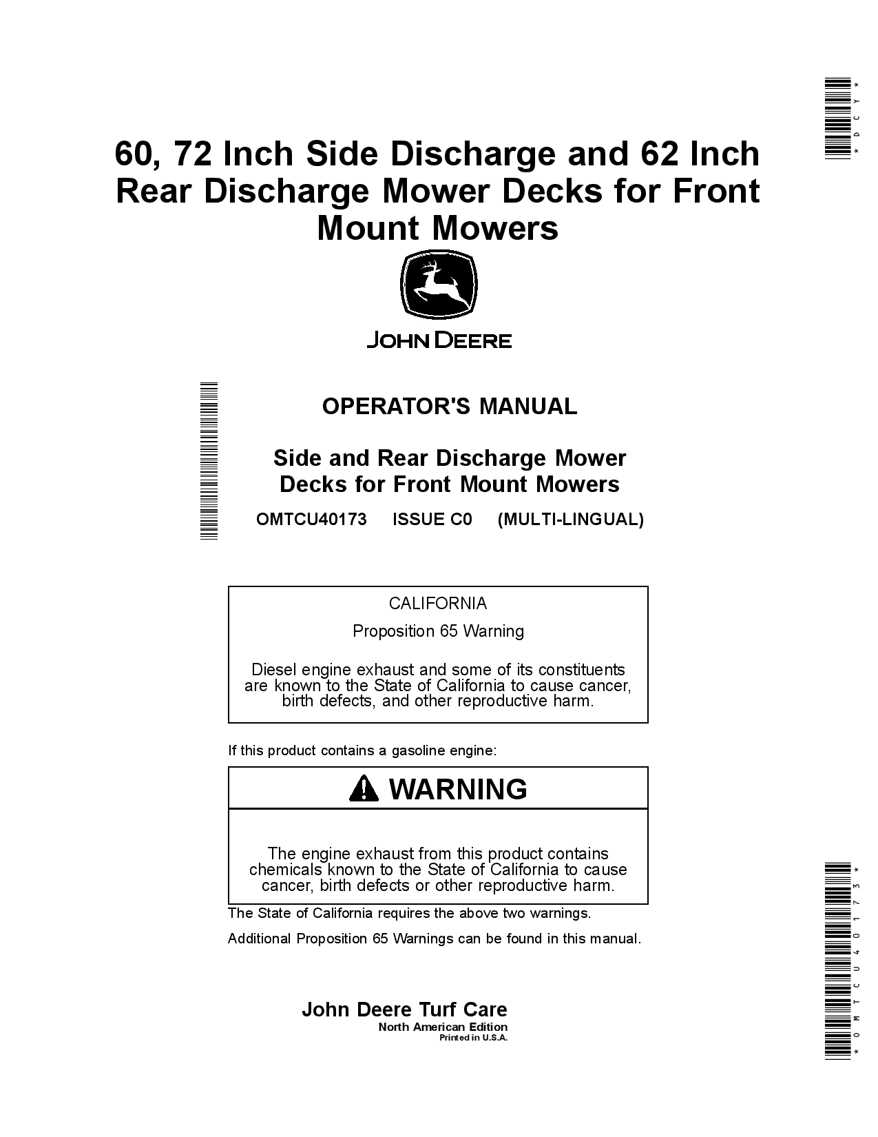 John Deere 60 72 Inch Side Discharge and 62 Inch Rear Discharge Mower Decks for Front Mount Mowers OMTCU40173 Operation and Maintenance manual PDF Download