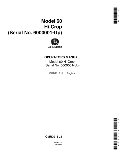 John Deere 60 Hi Crop Tractor OMR2018 Operation and Maintenance manual PDF Download