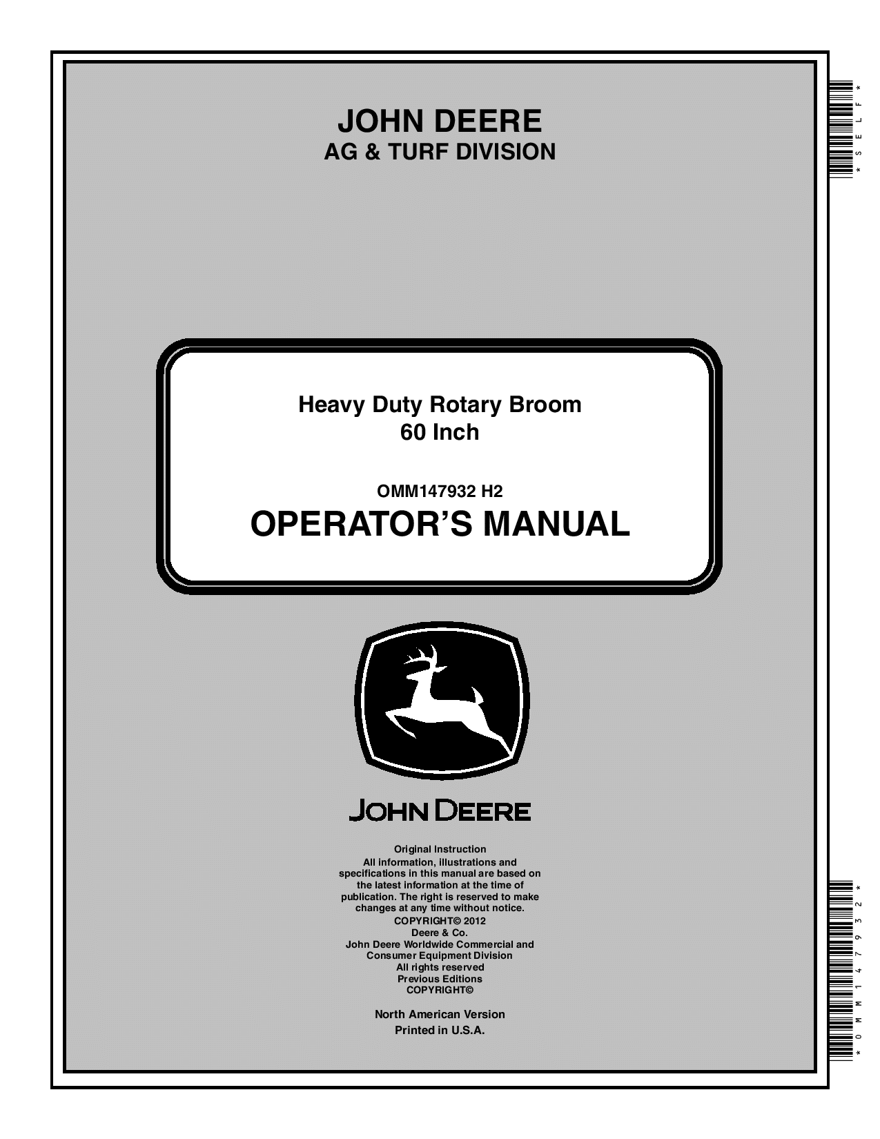 John Deere 60 In. Heavy Duty Rotary Broom for CUT OMM147932 Operation and Maintenance manual PDF Download