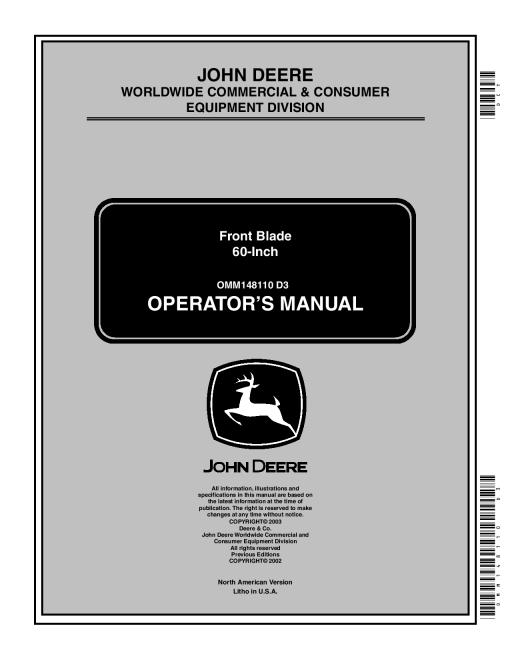 John Deere 60 Inch Heavy Duty Snowblower 1400 1500 OMM148110 Operation and Maintenance manual PDF Download
