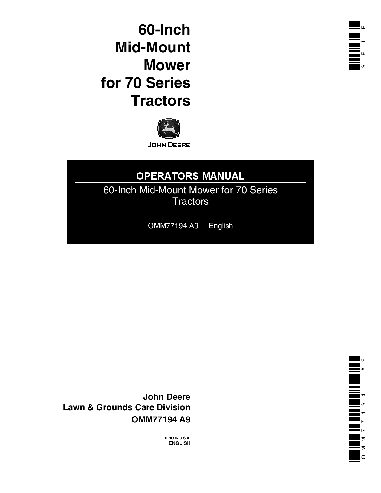 John Deere 60 Inch Mid Mount Mower for 70 Series Tractors OMM77194 Operation and Maintenance manual PDF Download