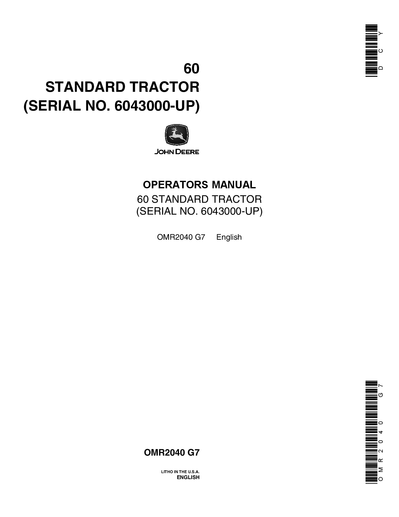 John Deere 60 Standard Tractor OMR2040 Operation and Maintenance manual PDF Download