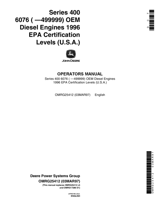 John Deere 6076 Certified OEM Diesel Engines OMRG25412 Operation and Maintenance manual PDF Download