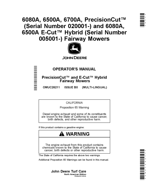 John Deere 6080A 6500A 6700A PrecisionCut and 6080A 6500A E Cut Hybrid Fairway Mowers OMUC26211 Operation and Maintenance manual PDF Download