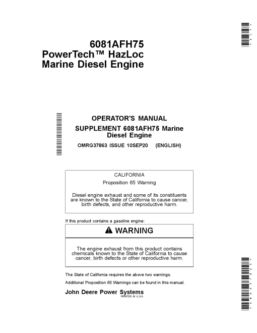 John Deere 6081AFH75 PowerTech HazLoc Marine Diesel Engine Supplemen to OMRG35860 OMRG37863 Operation and Maintenance manual PDF Download