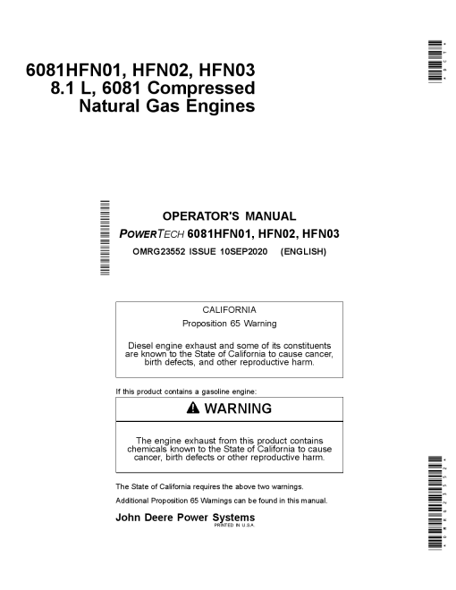 John Deere 6081HFN01 6068HFN02 6081HFN03 8.1 L 6081 Compressed Natural Gas Engines OMRG23552 Operation and Maintenance manual PDF Download