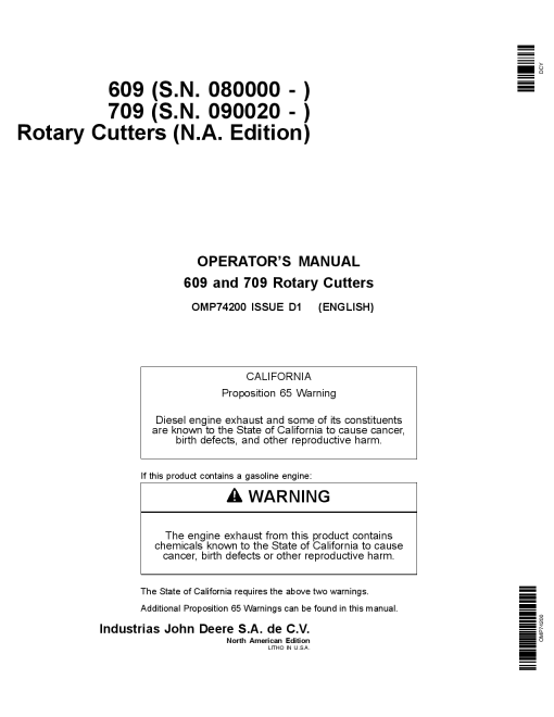 John Deere 609 709 Rotary Cutter OMP74200 Operation and Maintenance manual PDF Download