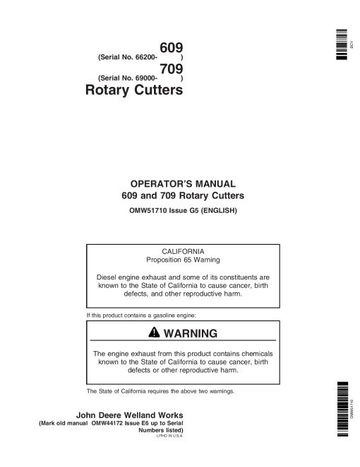 John Deere 609 709 Rotary Cutter OMW51710 Operation and Maintenance manual PDF Download