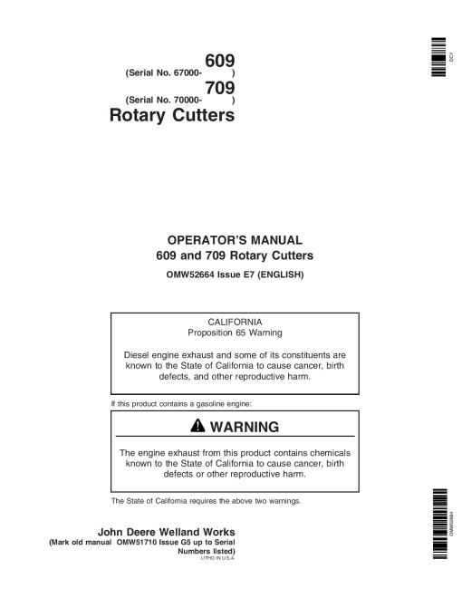 John Deere 609 709 Rotary Cutter OMW52664 Operation and Maintenance manual PDF Download