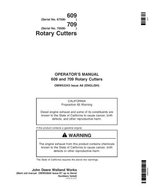 John Deere 609 709 Rotary Cutter OMW53343 Operation and Maintenance manual PDF Download