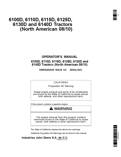 John Deere 6100D 6110D 6115D 6125D 61300 6140D Tractors OMRE283529 Operation and Maintenance manual PDF Download