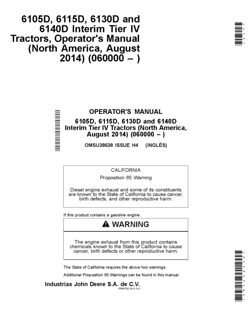 John Deere 6105D 6115D 6130D and 6140D Interim Tier IV Tractors 060000 OMSU38638 Operation and Maintenance manual PDF Download