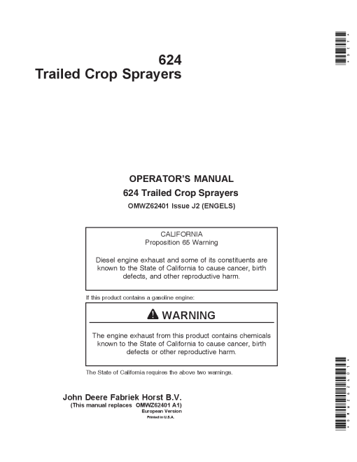 John Deere 624 Trailed Crop Sprayers OMWZ62401 Operation and Maintenance manual PDF Download