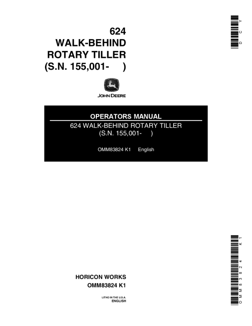 John Deere 624 Walk Behind Rotary Tiller 155001 OMM83824 Operation and Maintenance manual PDF Download