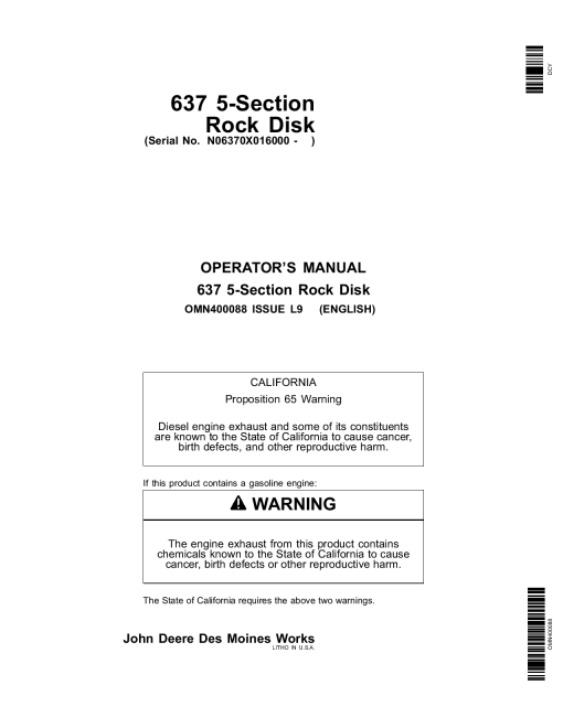 John Deere 637 5 Section Rock Disk 016000 OMN400088 Operation and Maintenance manual PDF Download