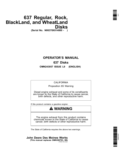 John Deere 637 Regular Rock BlackLand and WheatLand Disks 014000 OMN243057 Operation and Maintenance manual PDF Download