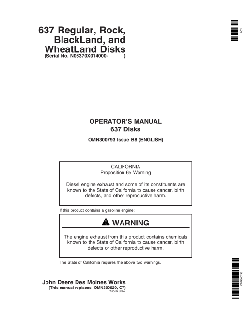 John Deere 637 Regular Rock BlackLand and WheatLand Disks 014000 OMN300793 Operation and Maintenance manual PDF Download