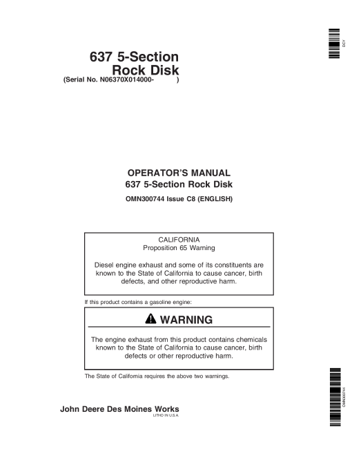 John Deere 637 Regular Rock Disk 5 Section 014000 OMN300744 Operation and Maintenance manual PDF Download