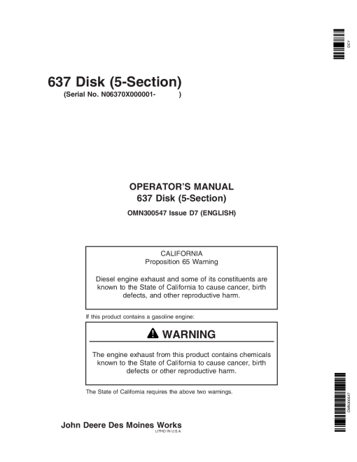 John Deere 637 Regular Rock Disk S Section OMN300547 Operation and Maintenance manual PDF Download