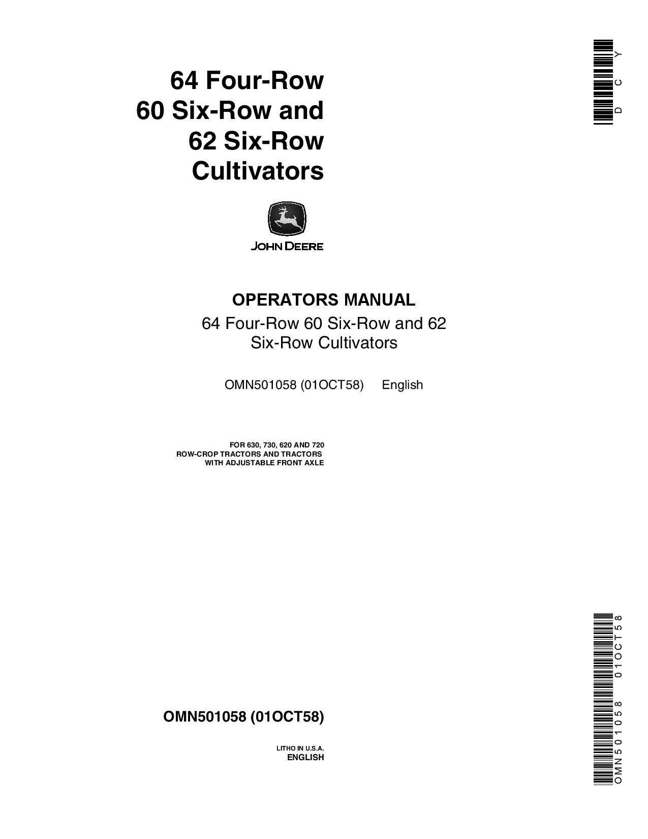 John Deere 64 Four Row 60 Six Row 62 Six Row Cultivators OMN501058 Operation and Maintenance manual PDF Download