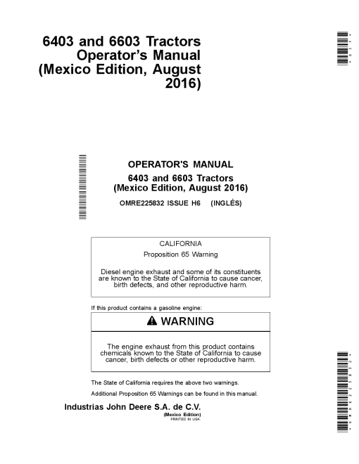 John Deere 6403 6603 Tractors North American Edition OMRE225832 Operation and Maintenance manual PDF Download