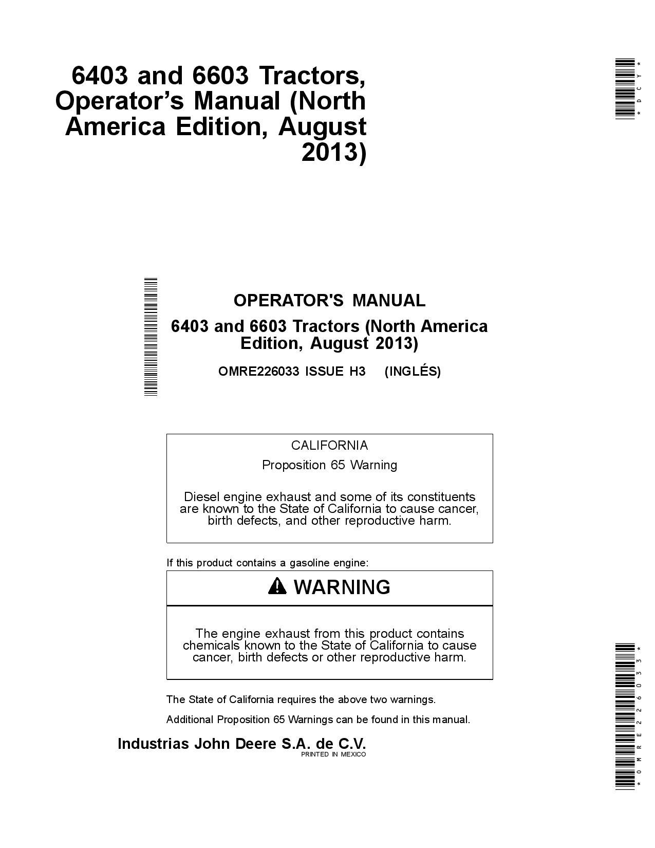John Deere 6403 6603 Tractors US Canadian Edition OMRE226033 Operation and Maintenance manual PDF Download