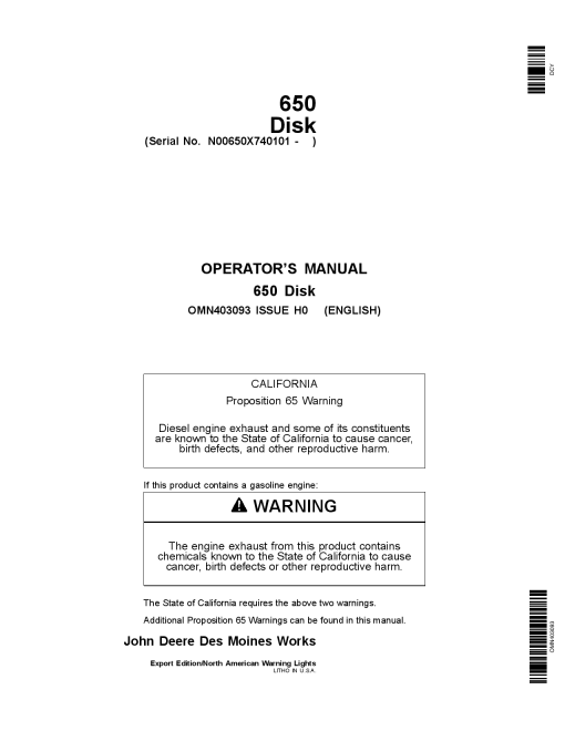John Deere 650 Tandem Flex Fold Disk OMN403093 Operation and Maintenance manual PDF Download