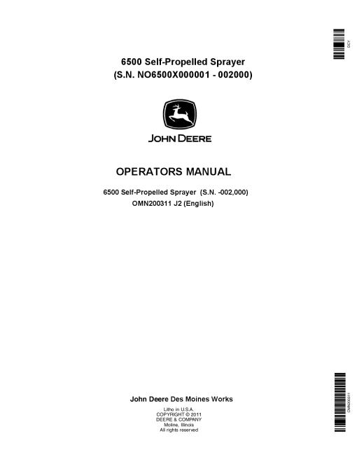 John Deere 6500 Self Propelled Sprayer 000001 002000 OMN200311 Operation and Maintenance manual PDF Download