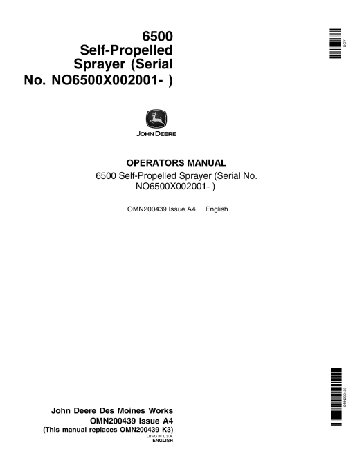John Deere 6500 Self Propelled Sprayer 002001 OMN200439 Operation and Maintenance manual PDF Download